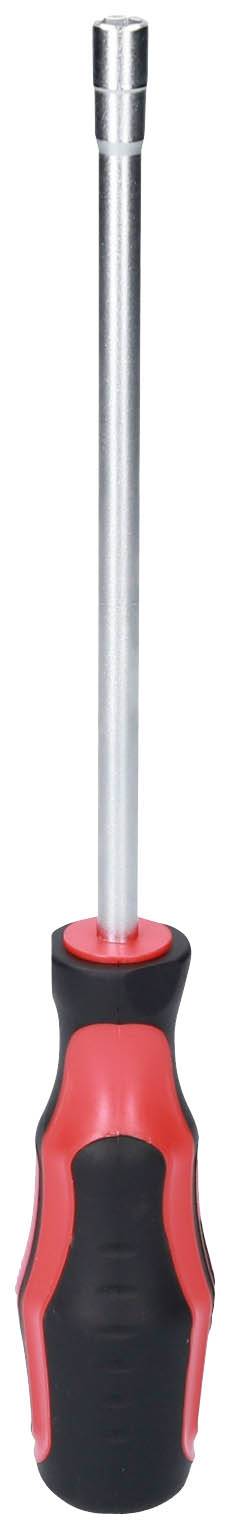 Schraubendreher mit langem, metallischem Schaft und ergonomischem rot-schwarzem Griff. Geeignet für Arbeiten an schwer zugänglichen Stellen.