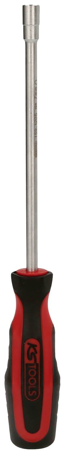 Schraubendreher mit rotem und schwarzem Griff, langer metallener Schaft und sechskantige Spitze für Schraubenmontage.