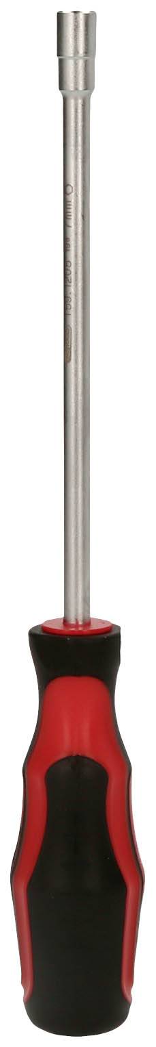 Schraubendreher mit rotem und schwarzem Griff und langem Metallstiel, geeignet zum Festziehen von Schrauben.