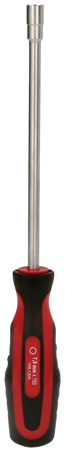 Ein Schraubendreher mit rotem und schwarzem Griff und langer Metallklinge für handwerkliche Arbeiten.