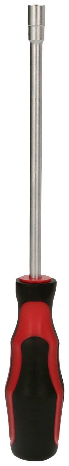 Ein einfacher Schraubendreher mit rotem und schwarzem Griff und langem Metallschaft.