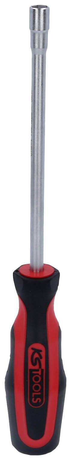 Ein roter Schraubendreher mit schwarzem Griff und langem, schmalem Metallschaft.