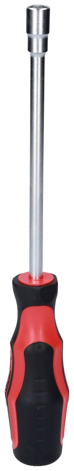 Ein Schraubendreher mit einem rot-schwarzen Griff und einer langen, silbernen Metallklinge.