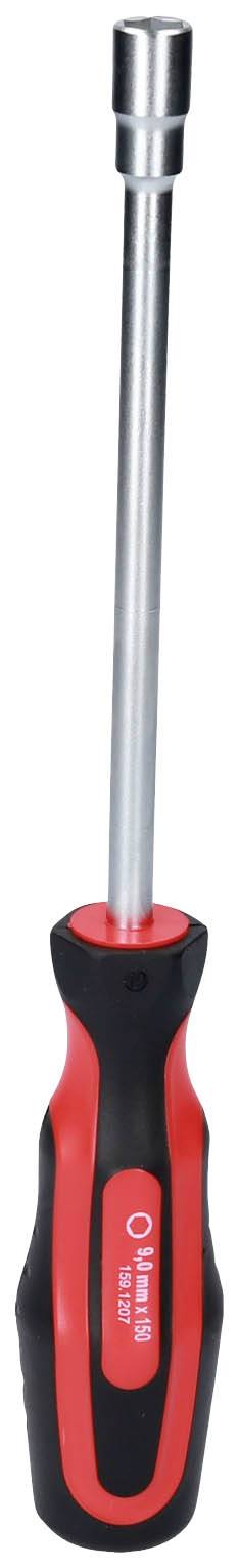 Ein rot-schwarzer Schraubendreher mit langem Metallgriff, geeignet zum Lösen und Festziehen von Schrauben.