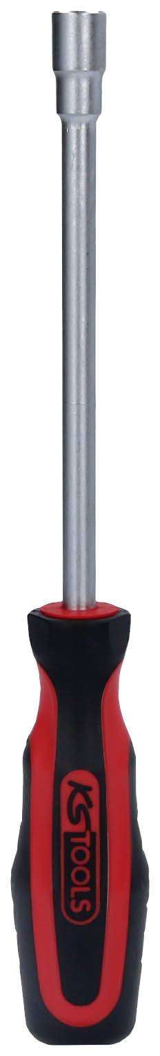 Ein Schraubenschlüssel mit rotem und schwarzem Griff und einem langen, silbernen Schaft, geeignet für Heimwerkerarbeiten.