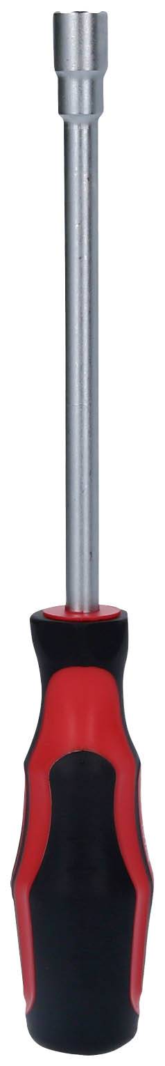 Ein Schraubendreher mit schwarzem und rotem Griff und einem langen, silbernen Schaft, geeignet für Sechskant-Schrauben.