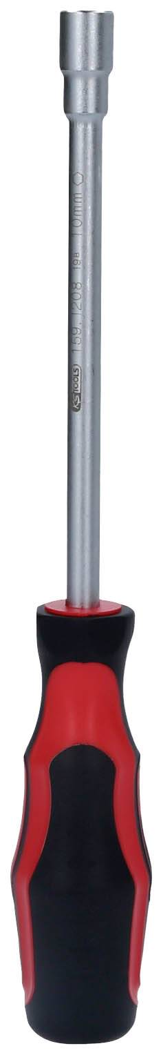 Ein rot-schwarzer Schraubendreher mit langem Metallstiel und runder Griffspitze.