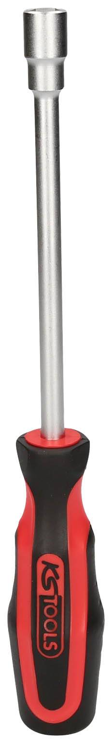 Schraubenschlüssel mit langem, silbernem Schaft und rotem, ergonomischem Griff. Geeignet für Heimwerker- oder professionelle Arbeiten.