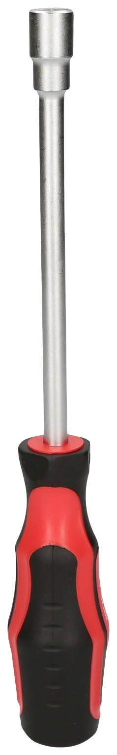 Ein Schraubenschlüssel mit langem Stiel und einem rutschfesten Griff in Rot und Schwarz, geeignet für einfache Schraubarbeiten.