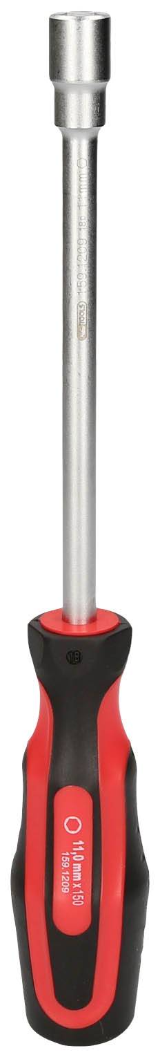 Ein handlicher Steckschlüssel mit schwarzem und rotem Griff, geeignet für Schrauben mit einem Sechskantkopf.