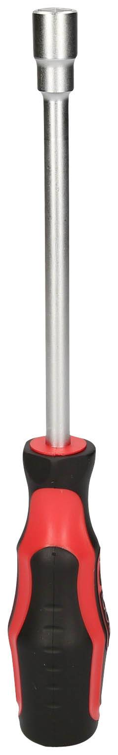 Ein Schraubenschlüssel mit rotem und schwarzem Griff, geeignet zum Anziehen oder Lösen von Schrauben oder Muttern.