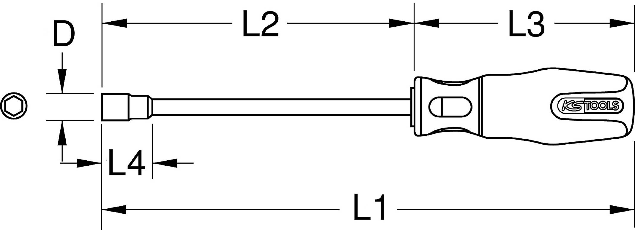 'Schraubendreher mit Sechskantkopf' zeigt Maßangaben: L1 (Gesamtlänge), L2 (Schaftlänge), L3 (Grifflänge), L4 (Kopflänge), D (Kopfdurchmesser).