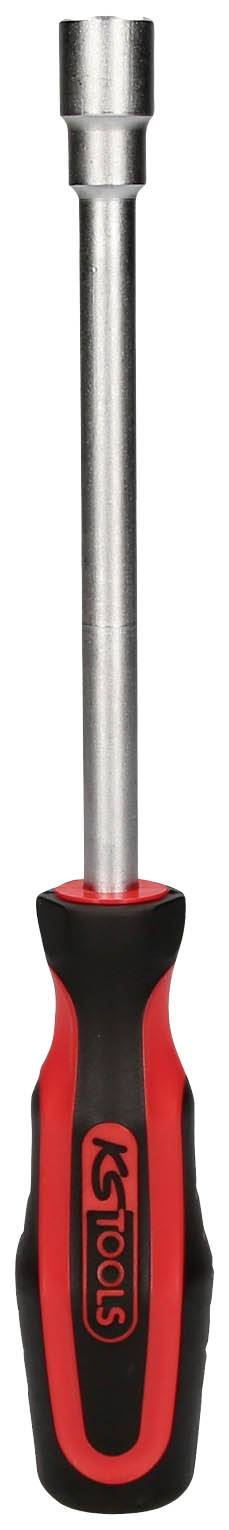 Schraubendreher mit rotem und schwarzem Griff und langem, metallischem Schaft.