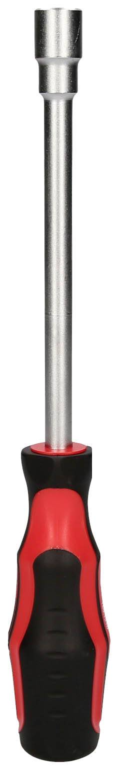 Ein rot-schwarzer Schraubendreher mit langem Metallschaft.