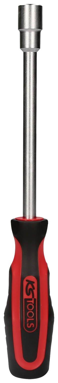 Ein roter und schwarzer Schraubenschlüssel mit ergonomischem Griff und Stahlschaft. Markierung mit Logo auf dem Griff sichtbar.