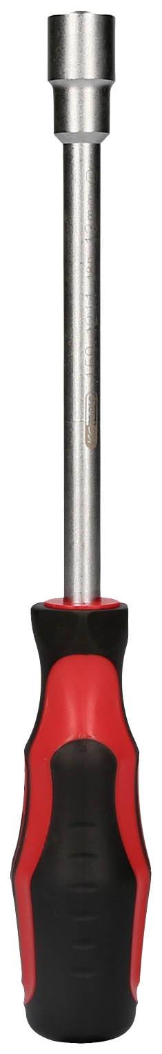 Schraubendreher mit schwarzem und rotem Griff, langer Metallstab, geeignet für Schrauben mit Sechskantkopf.