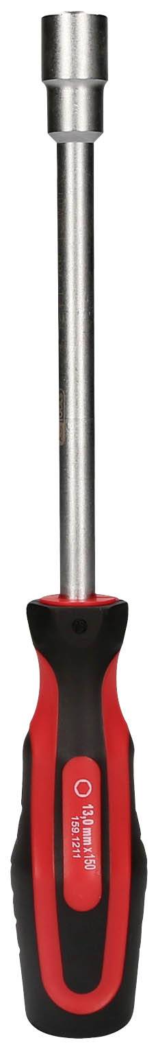 Ein Handschraubendreher mit rotem und schwarzem Griff, geeignet für Sechskantschrauben.