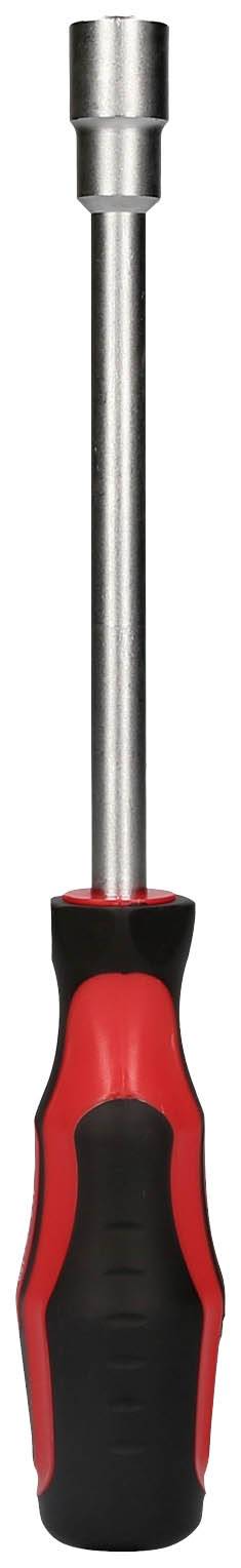 Ein Schraubenzieher mit schwarz-rotem Griff und langem Metallschaft, geeignet für Arbeiten mit Schrauben in schwer erreichbaren Bereichen.