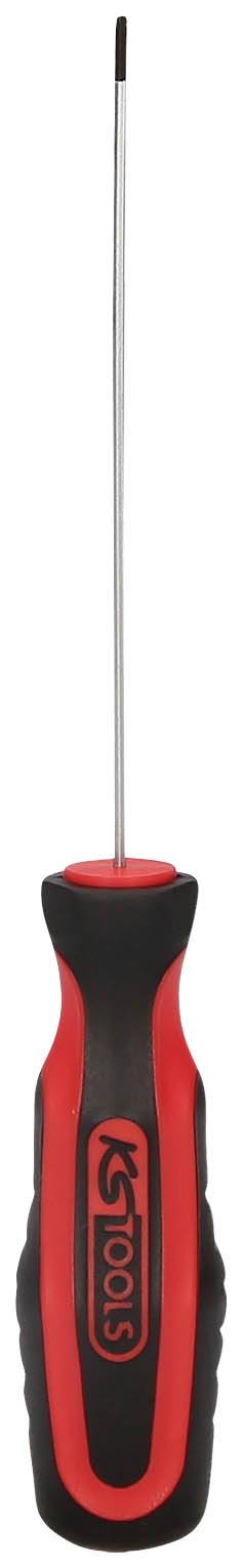 Ein rot-schwarzer Schraubendreher mit langem, dünnem Schaft, der für Präzisionsarbeiten geeignet ist.