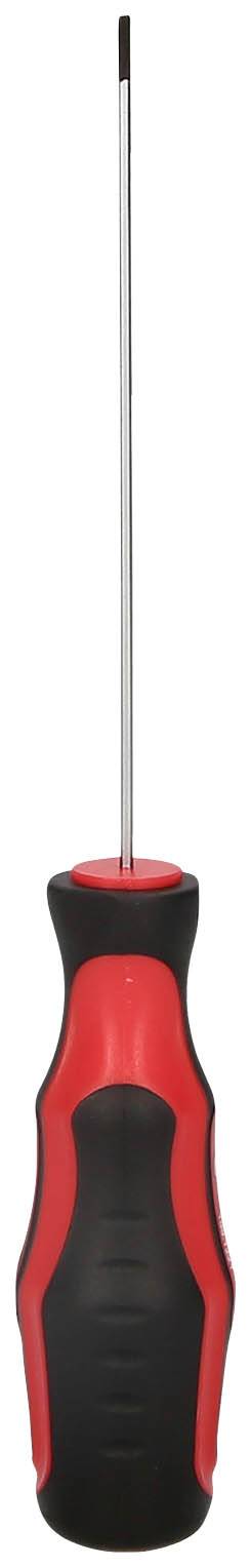 Ein Schraubendreher mit rotem und schwarzem Griff, langem Metallstab und flacher Spitze.