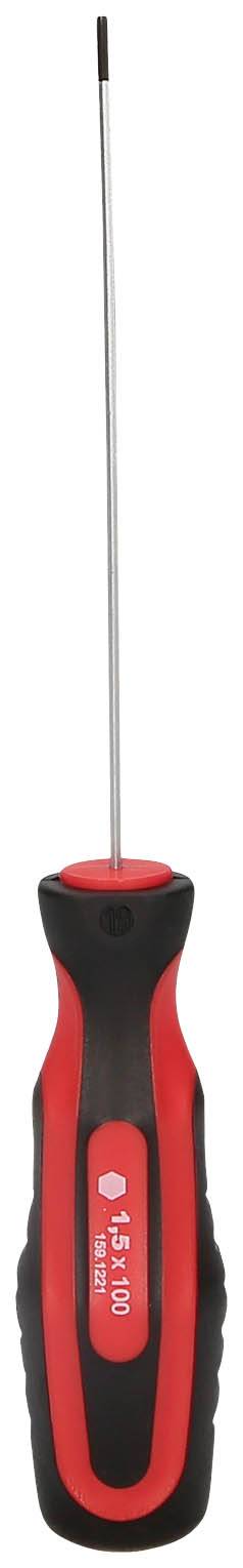 Ein roter Schraubendreher mit schwarzem Griff und einer dünnen, langen Spitze, geeignet für feine Arbeiten.