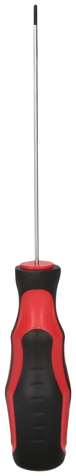 Ein roter und schwarzer Schraubendreher mit ergonomischem Griff und einem langen, schmalen Schaft.