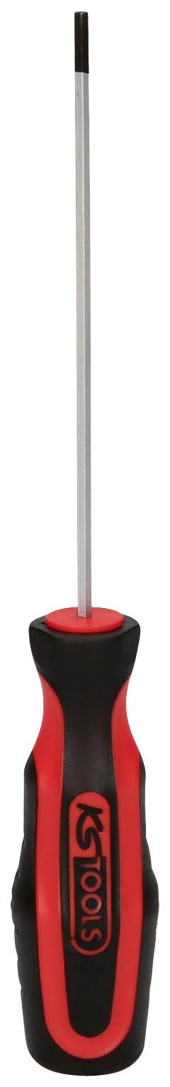 Schraubendreher mit schwarzem und rotem Griff und langer, schmaler Klinge. Geeignet für feine Arbeiten in Elektronik und Präzisionstechnik.