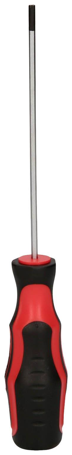 Schraubendreher mit rotem und schwarzem Griff und langem Metallstab, geeignet für das Drehen von Schrauben.