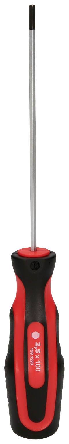 Schraubendreher mit langem, schmalem Metallstab und ergonomischem Griff in Schwarz und Rot, geeignet für präzises Schrauben.