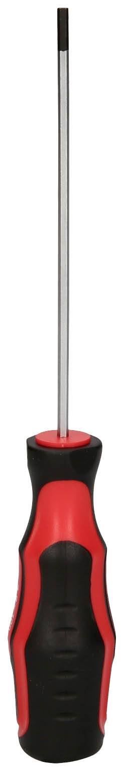 Ein schwarzer und roter Schraubendreher mit ergonomischem Griff und schlanker Metallspitze, vertikal positioniert.