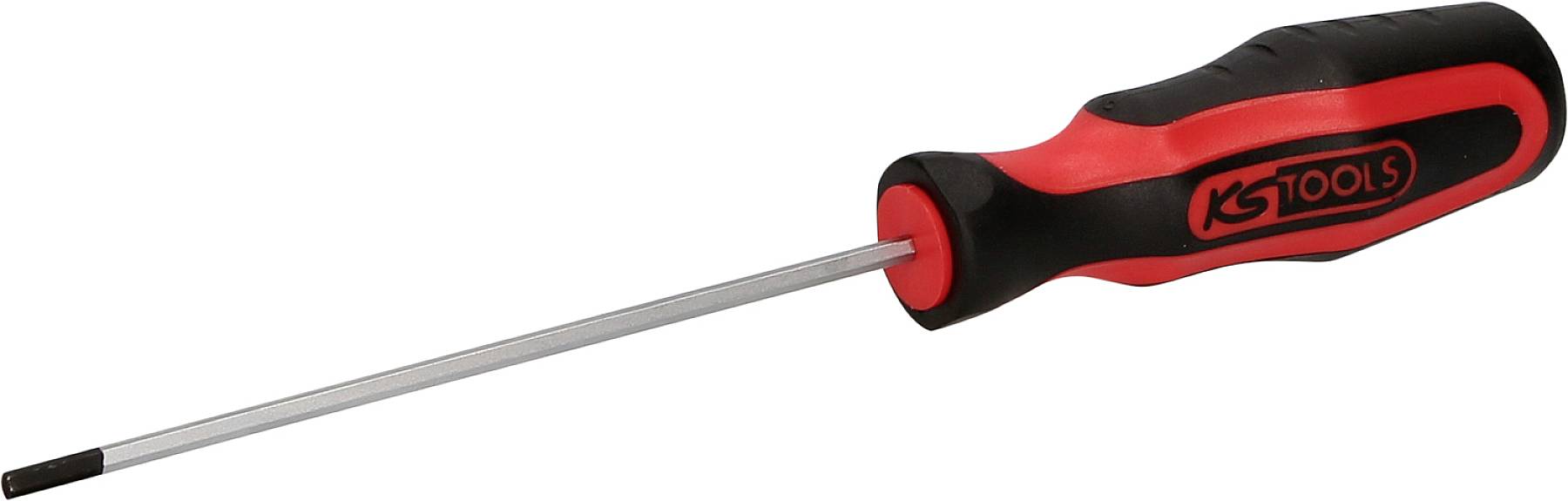 Ein roter und schwarzer Schraubendreher mit langem, dünnem Schaft und flachem Kopf, geeignet zum Befestigen oder Lösen von Schrauben.