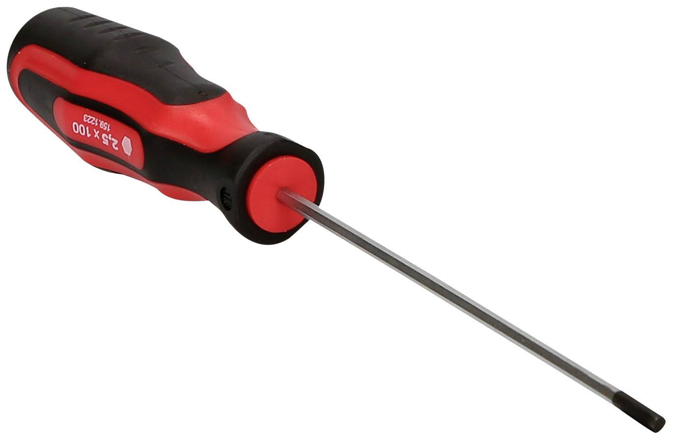Schraubendreher mit rotem und schwarzem Griff, geeignet für Schlitzschrauben. Der Griff ist ergonomisch geformt für besseren Halt.