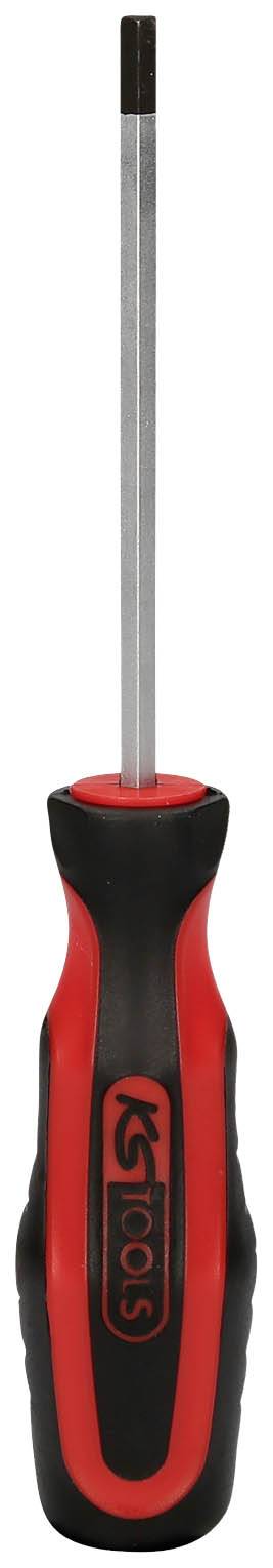 Schraubendreher mit rotem und schwarzem Griff, schmaler Metallschaft.