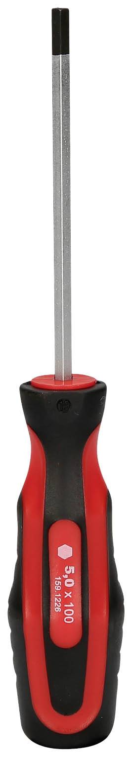 Kreuzschlitzschraubendreher mit schwarzem und rotem Griff, geeignet für Universalwerkzeugeinsätze.