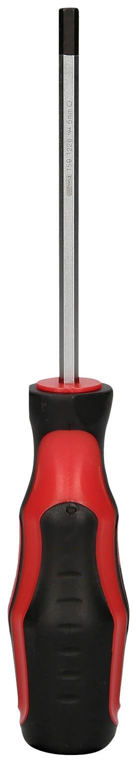 Schraubendreher mit rotem und schwarzem ergonomischem Griff und langem, schmalem Metallschaft.