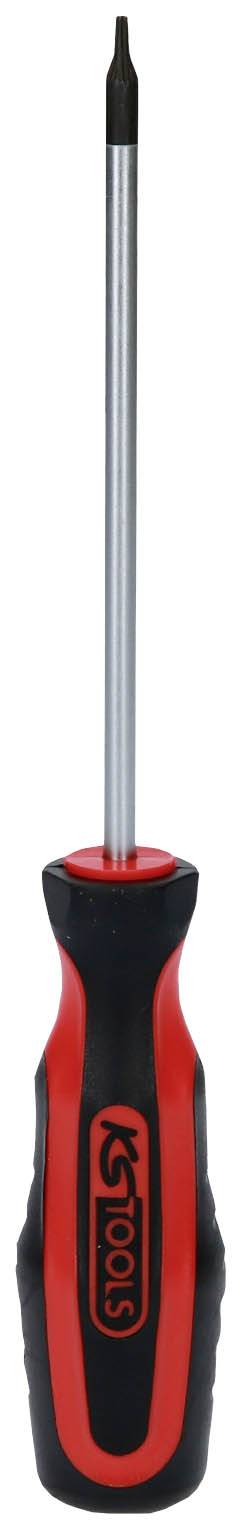 Ein rot-schwarzer Schraubendreher mit einem schlanken, metallischen Schlitzkopf und ergonomischem Griff, optimal für präzises Arbeiten.