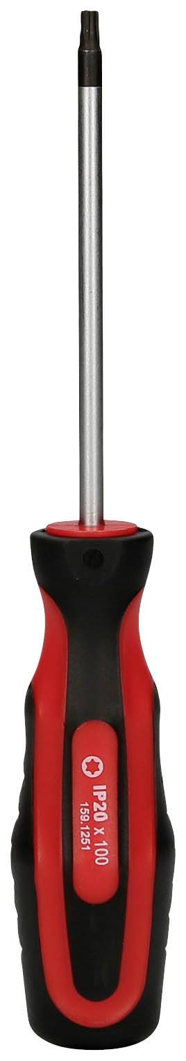 Schraubendreher mit rotem und schwarzem Griff und einem langen, schmalen Metallschaft. Geeignet für verschiedene Schraubarbeiten.