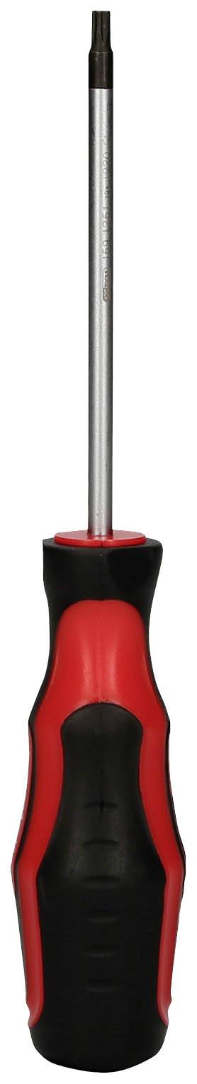 Roter Schraubendreher mit schwarzem Griff und langem Metallschaft, geeignet für Torx-Schrauben.