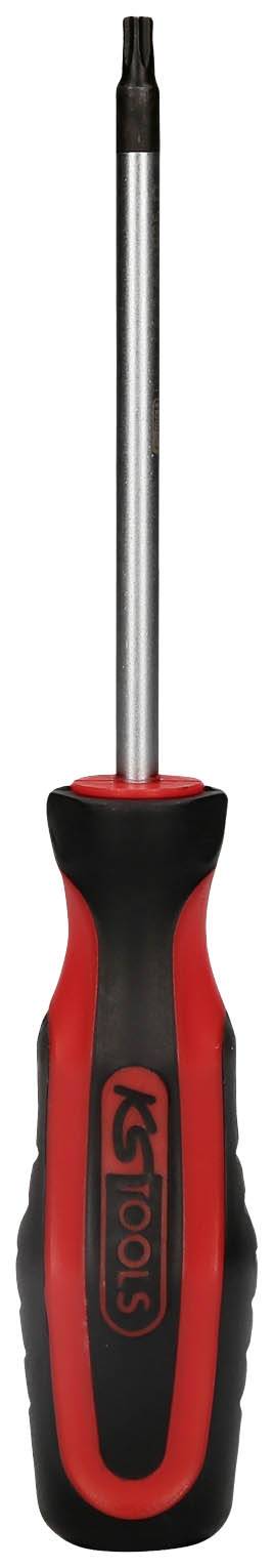 Ein roter und schwarzer Schraubendreher mit ergonomischem Griff und langem Metallschaft, geeignet zum Festziehen von Schrauben.