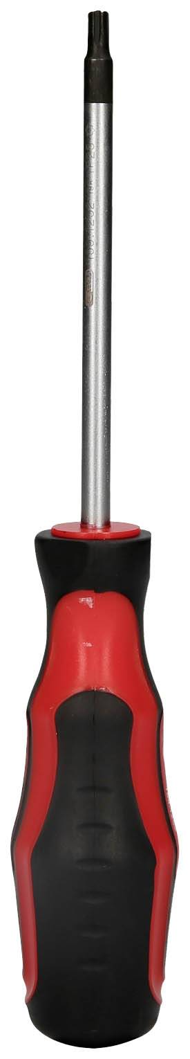 Ein roter und schwarzer Schraubendreher mit ergonomischem Griff und magnetischer Spitze, aufrecht stehend.