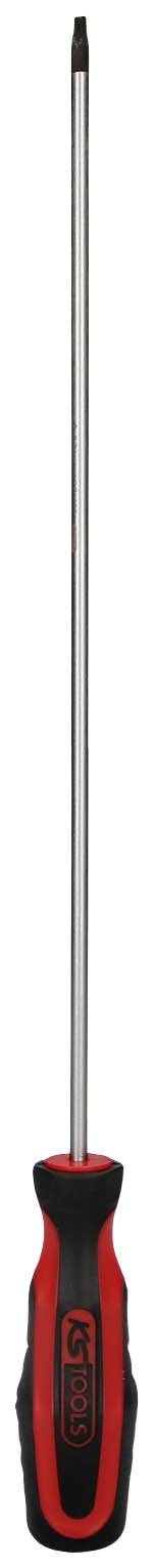 Ein Kreuzschlitz-Schraubendreher mit langem, silbernem Schaft und rotem, ergonomischem Griff.