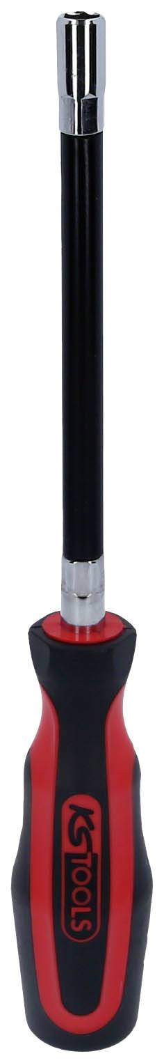 Schraubendreher mit langem, schwarzem Schaft und rotem Griff.
