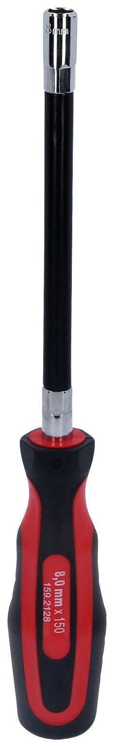 Ein Schraubendreher mit langem, schwarzem Schaft und rot-schwarzem Griff.