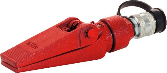 Roter hydraulischer Keil zum Spalten, genutzt im Bauwesen. Profilansicht mit schwarzem und silbernem Anschlussstück.