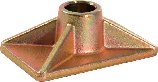 Metallische Gewindehülse mit quadratischer Basis und erhöhter Achse, zeigt eine rostschutzbeschichtete Oberfläche.