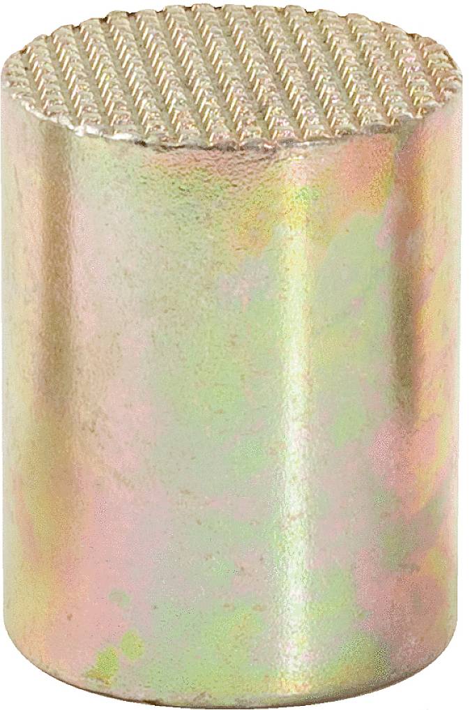 Ein zylindrisches Metallteil mit strukturierter Oberfläche. Die Oberfläche zeigt ein regenbogenartiges Schimmern.