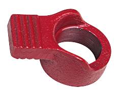 Ein rotes Metallteil in einer ringförmigen Form mit geriffeltem Griff. Geeignet zur Befestigung oder Montage.