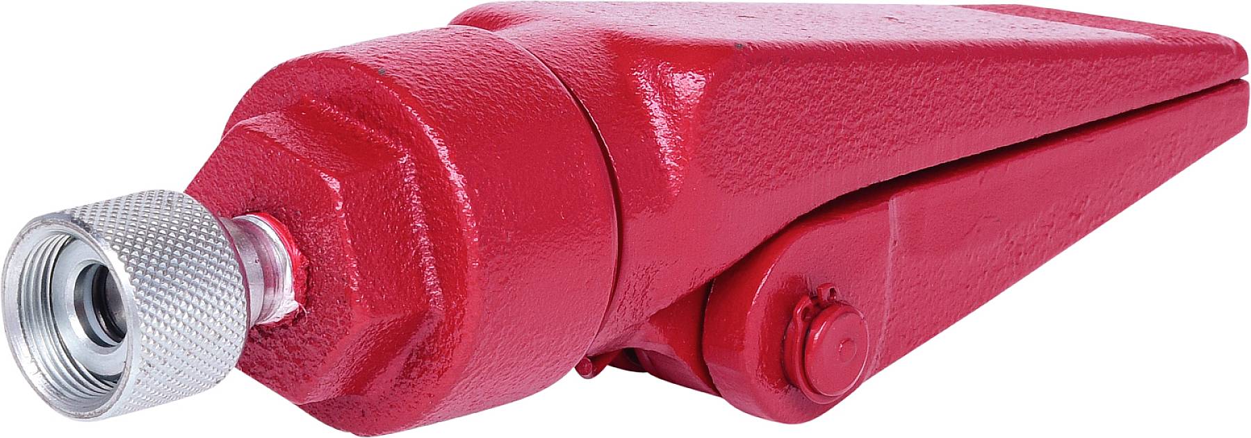 Roter mechanischer Hebel mit Metallgriff, vermutlich ein Teil eines Werkzeuges oder einer Maschine, isoliert auf weißem Hintergrund.
