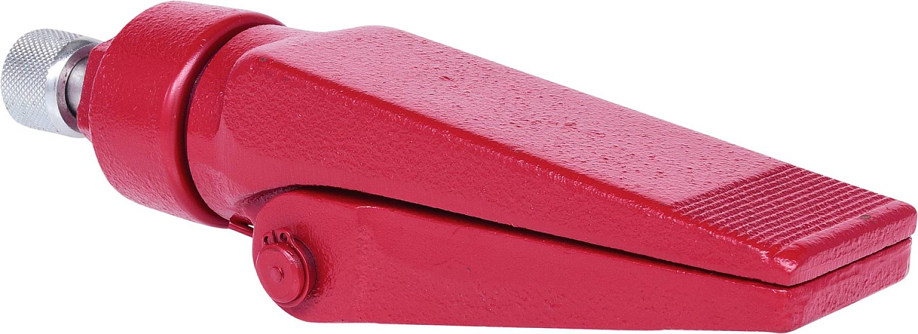 Rote Spannpratze aus Metall mit geriffelter Oberfläche, verwendet zum Sichern von Werkstücken auf Maschinen oder Werkbänken.