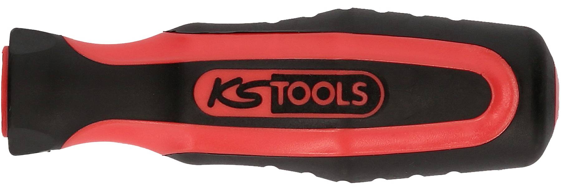 Der Griff eines Werkzeugs, rot-schwarz gefärbt, mit dem Logo 'KS TOOLS'.